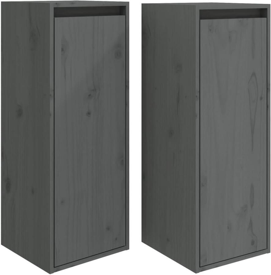 The Living Store Wandkasten 2 st 30x30x80 cm massief grenenhout grijs Wandkast Grenshouten Kast Hout Kast Opbergkast Salontafel