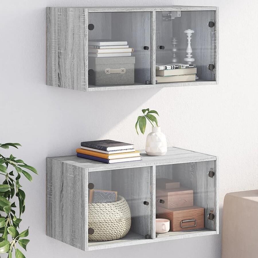 The Living Store Wandkasten met glazen deuren 2 st 68 5x37x35 cm grijs sonoma Hangende Opbergkasten Wandkasten Grijze Kast Houten Kast Opbergoplossing