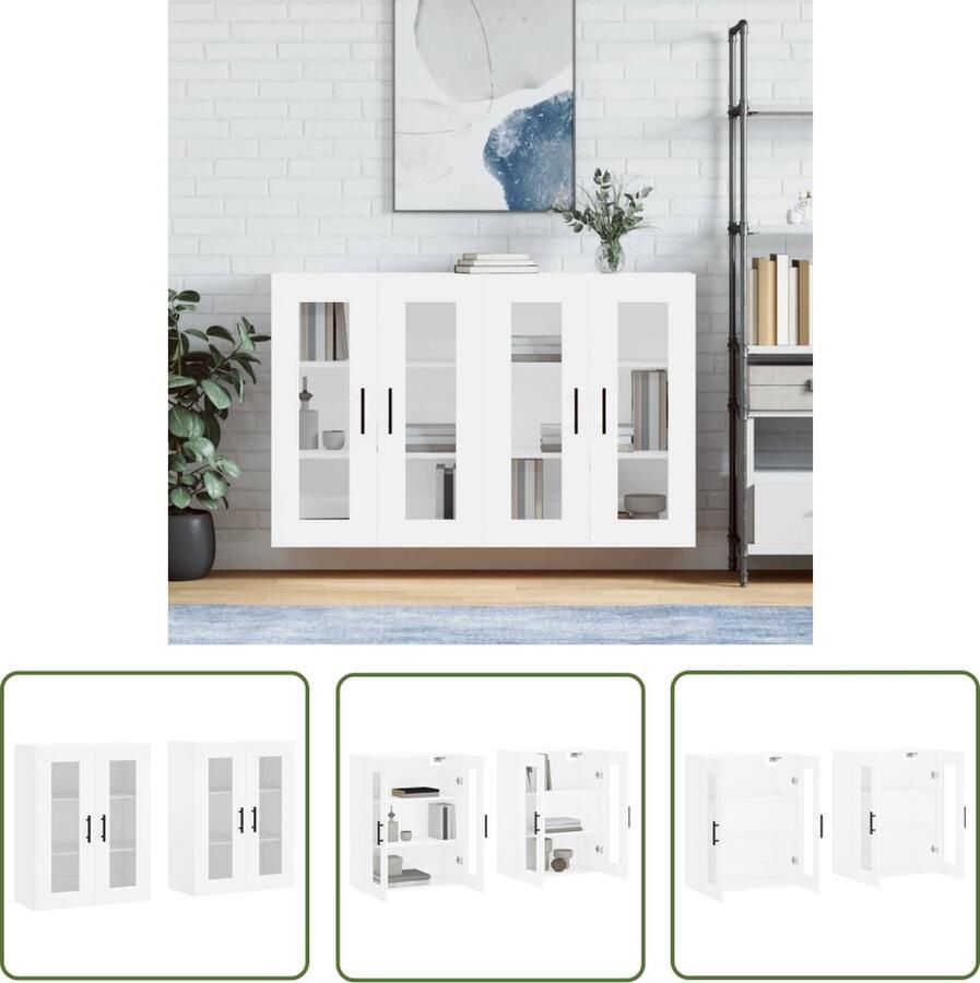 The Living Store Hangkasten 2 st bewerkt hout wit Wandkast Hangkast Opbergkast Keukenopstelling Badkameroplossing