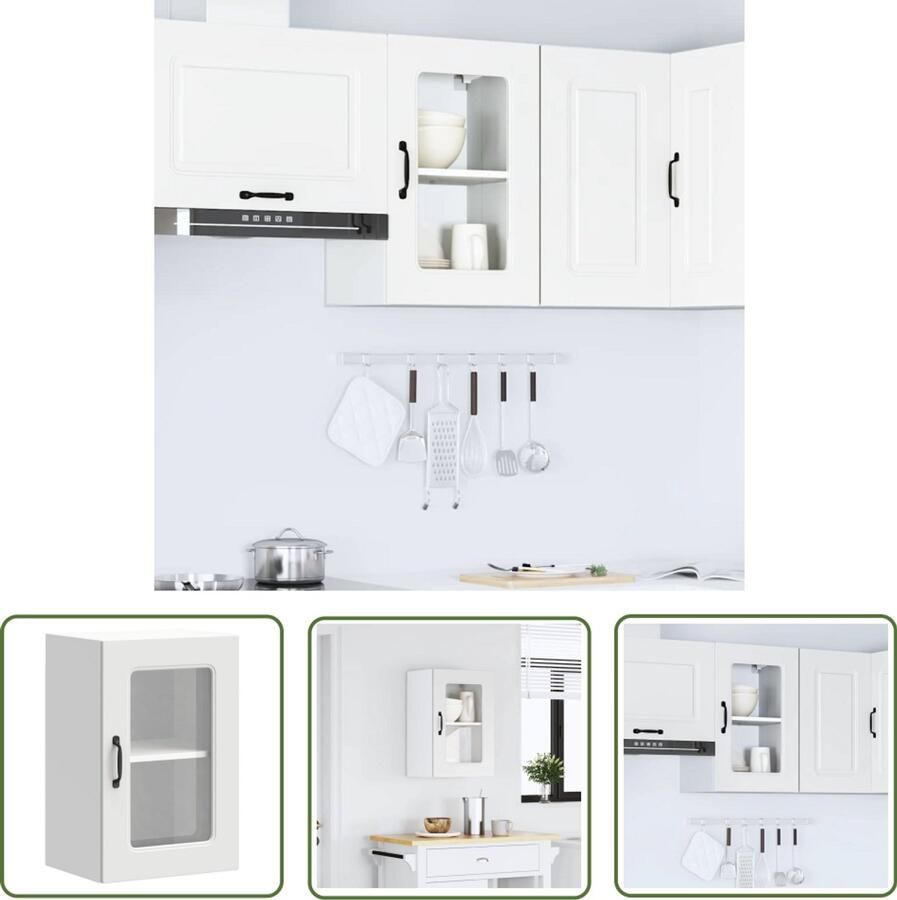 The Living Store Keukenwandkast met glazen deur Kalmar bewerkt hout wit Keukenwandkast Keukenopslag Houten Keukenkasten Wit Keukenmeubel Kalmar Serie