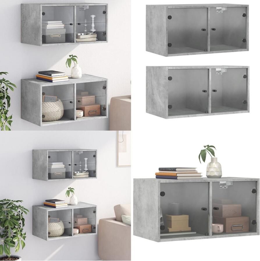 The Living Store Wandkasten met glazen deuren 2 st 68 5x37x35 cm betongrijs Hangende Wandkast Wanddecoratie Opbergkast Houten Kast Grijze Kast - Foto 3