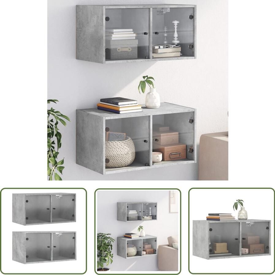 The Living Store Wandkasten met glazen deuren 2 st 68 5x37x35 cm betongrijs Hangende Wandkast Wanddecoratie Opbergkast Houten Kast Grijze Kast - Foto 2
