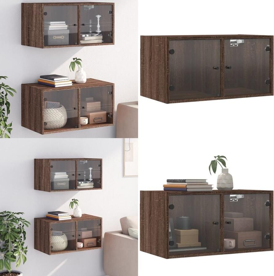 VidaXL Wandkasten met glazen deuren 2 st 68 5x37x35 cm bruineikenkleur Wandkast Wandkasten Opbergkast Wandgemonteerde Kast