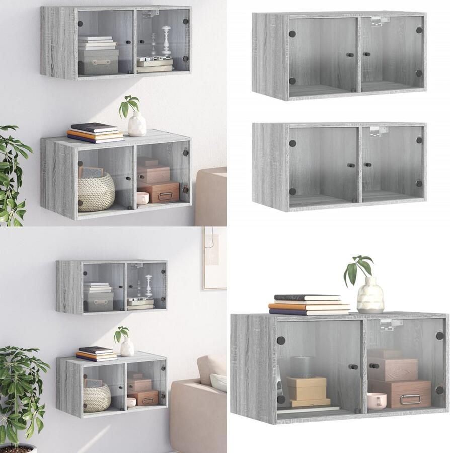 The Living Store Wandkasten met glazen deuren 2 st 68 5x37x35 cm grijs sonoma Hangende Opbergkasten Wandkasten Grijze Kast Houten Kast Opbergoplossing - Foto 2