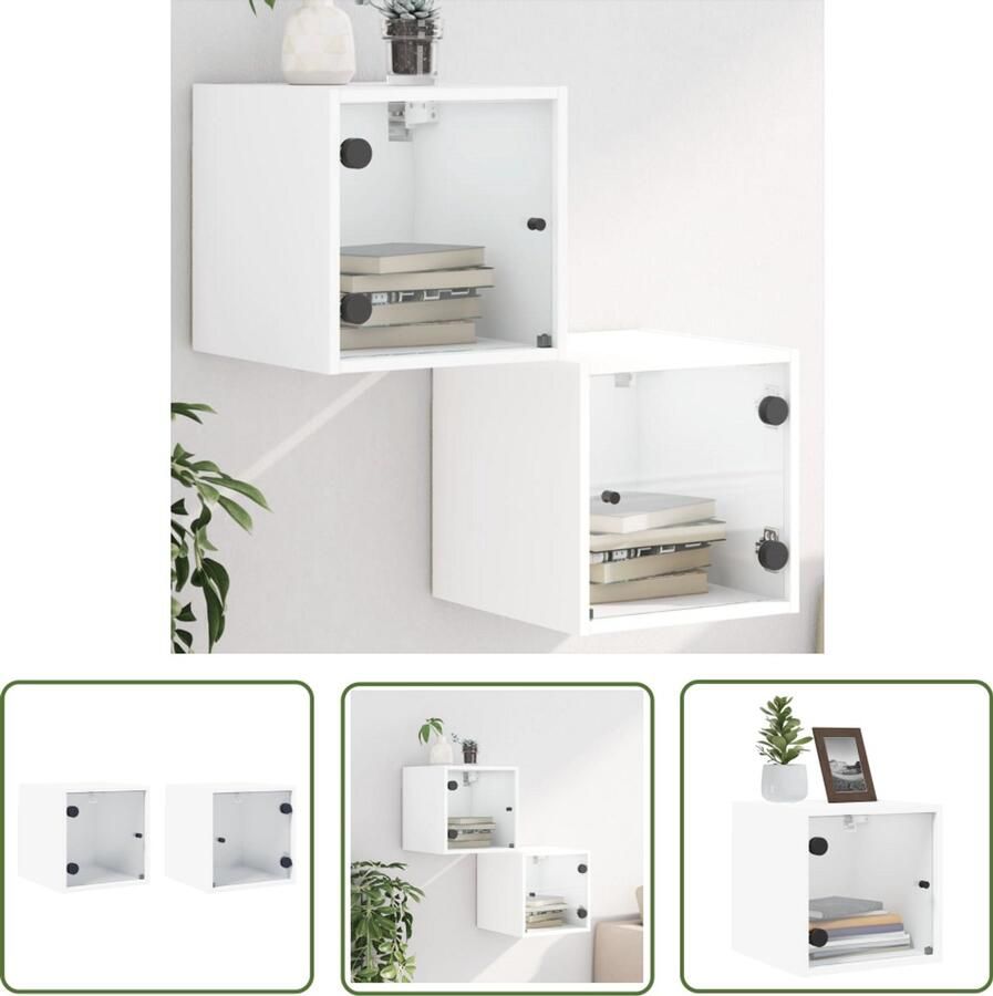 The Living Store Nachtkastjes met glazen deuren 2 st 35x37x35 cm wit Nachtkastjes Wandkasten Slaapkamerinrichting Houten Kasten Witte Meubelstukken