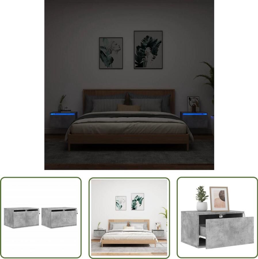 VidaXL Nachtkastjes met LED's 2 st wandgemonteerd betongrijs Nachtkastjes Wandkasten Led Lampen Slaapkamersdecoratie Beton Grijs