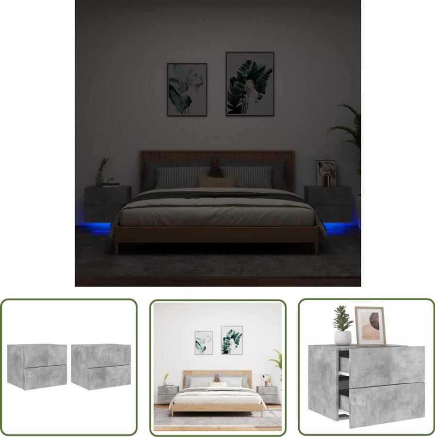 The Living Store Nachtkastjes met LED's 2 st wandgemonteerd betongrijs Wandgemonteerd Nachtkastje Wandgemonteerde Nachtkastjes Nachtkastje Zwevend Nachtkastje