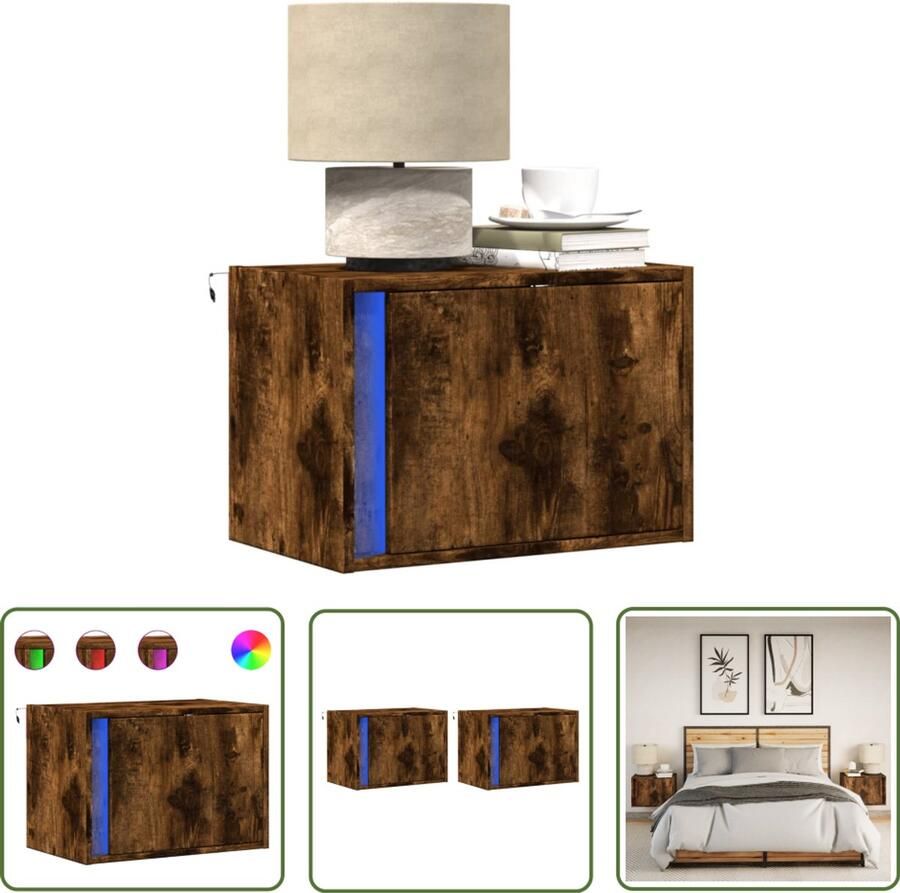 VidaXL Nachtkastjes met LED's 2 st wandgemonteerd gerookt eikenkleurig Nachtkastjes Wandkasten Led Lampjes Slaapkamer Decoratie Houten Kasten