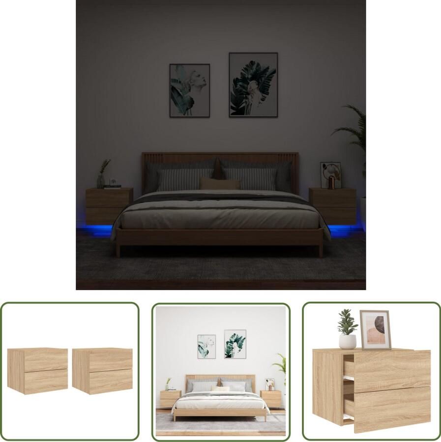 The Living Store Nachtkastjes met LED's 2 st wandgemonteerd sonoma eikenkleurig Wandgemonteerd Nachtkastje Wandgemonteerde Nachtkastjes Nachtkastje Zwevend Nachtkastje