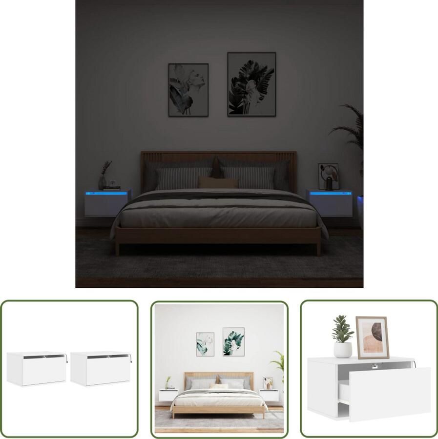 VidaXL Nachtkastjes met LED's 2 st wandgemonteerd wit Nachtkastjes Wandkasten Led Lampen Slaapkamersdecoratie Houten Meubilair