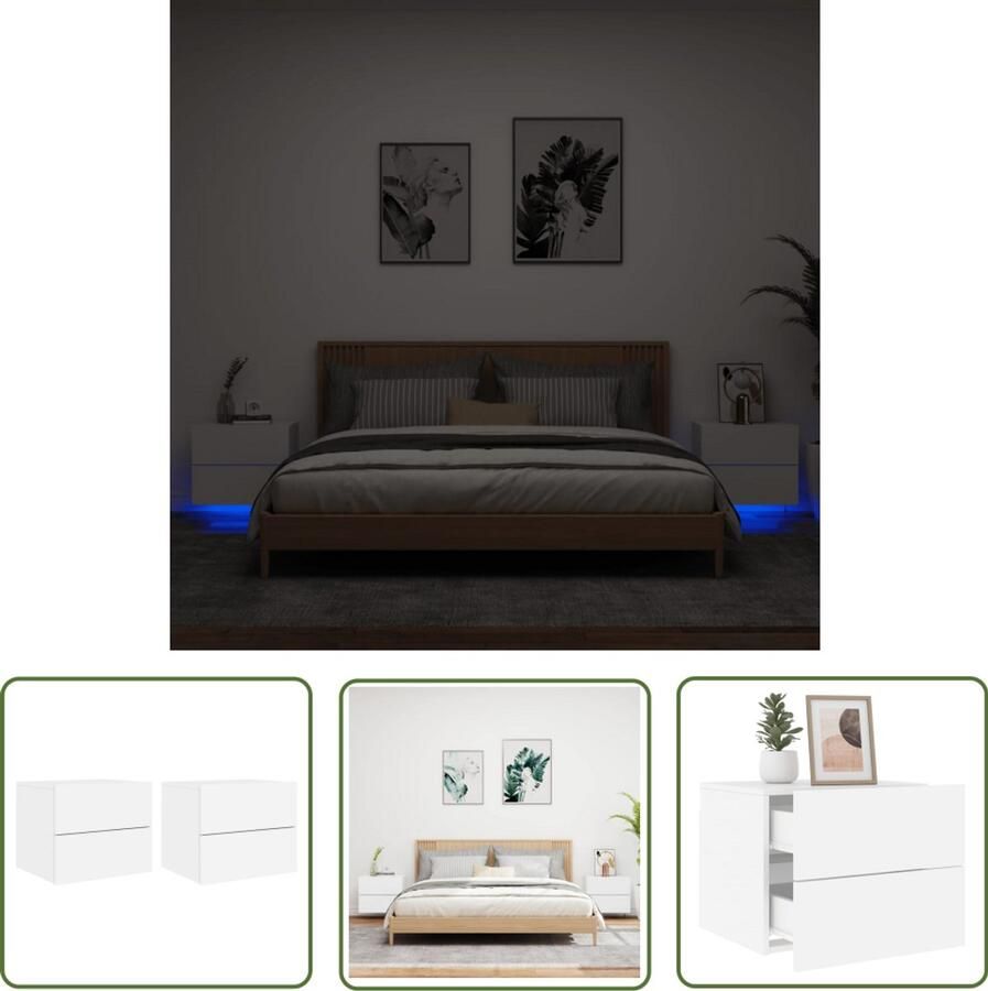 The Living Store Nachtkastjes met LED's 2 st wandgemonteerd wit Wandgemonteerd Nachtkastje Wandgemonteerde Nachtkastjes Nachtkastje Zwevend Nachtkastje