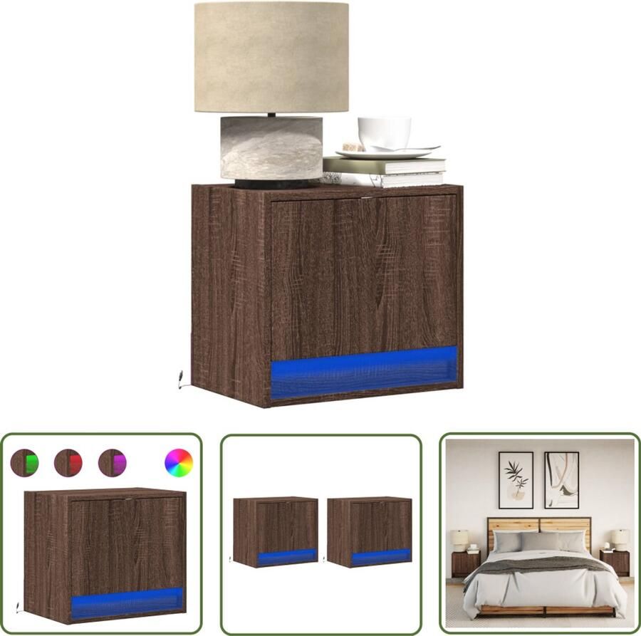 VidaXL Wandkasten Nachttasjes Nachtkastjes met LED's 2 st wandgemonteerd bruin eikenkleur Led Lampen Slaapkamersdecoratie Houten Kasten