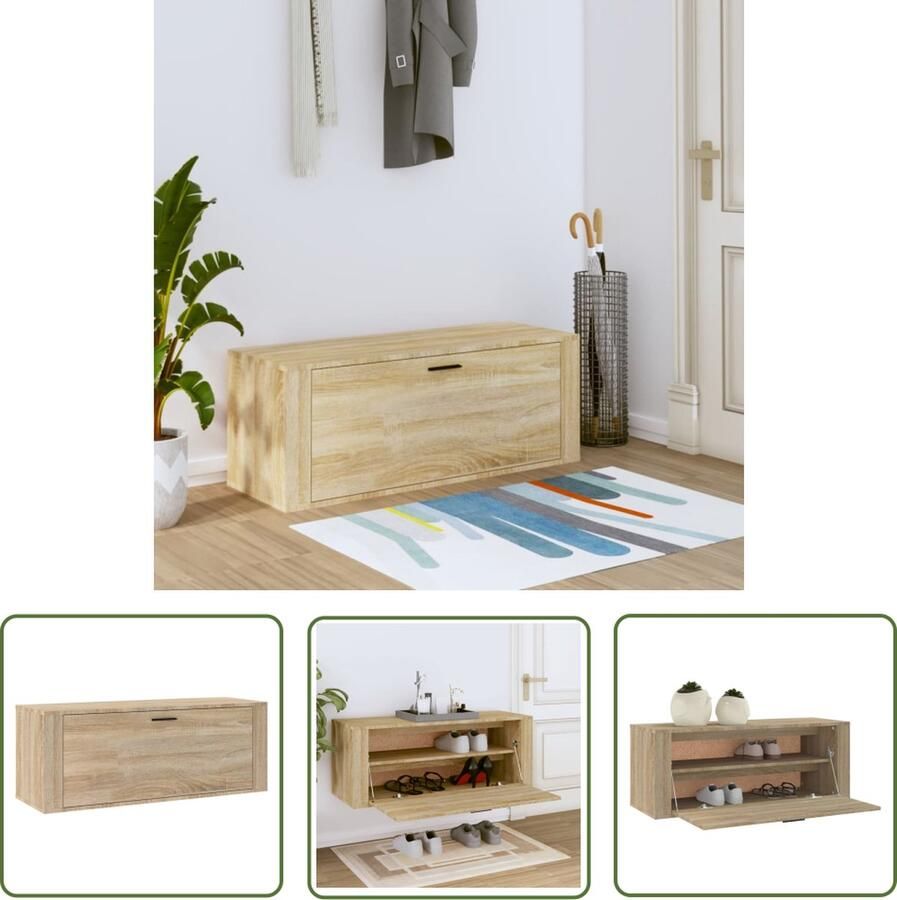 The Living Store Wandschoenenkast 100x35x38 cm bewerkt hout sonoma eiken Schoenenkast Muur Wandkasten Schoenen Organisatie Houten Schoenenkast Compact Schoenenkast - Foto 2