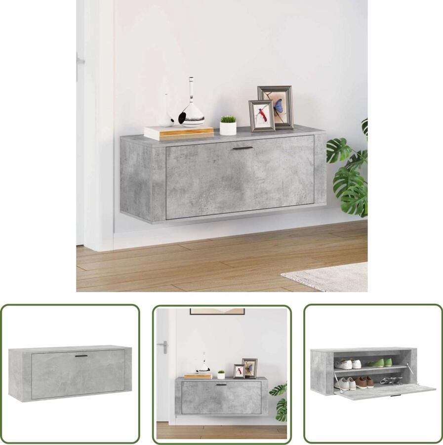 The Living Store Wandschoenenkast 100x35x38 cm bewerkt hout betongrijs Schoenenkast Wandkasten Schoene Organisatie Opslag Oplossing Inbouwkast - Foto 3