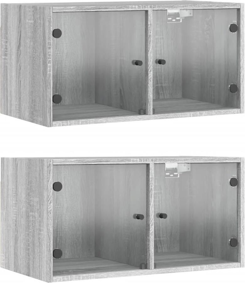 The Living Store Wandkasten met glazen deuren 2 st 68 5x37x35 cm grijs sonoma Hangende Opbergkasten Wandkasten Grijze Kast Houten Kast Opbergoplossing - Foto 4