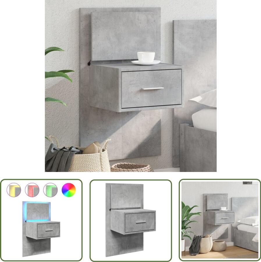 The Living Store Nachtkastje met LED's wandgemonteerd betongrijs Nachthastje Wandlamp Led Verlichting Betongrijs Houten Nachttafel