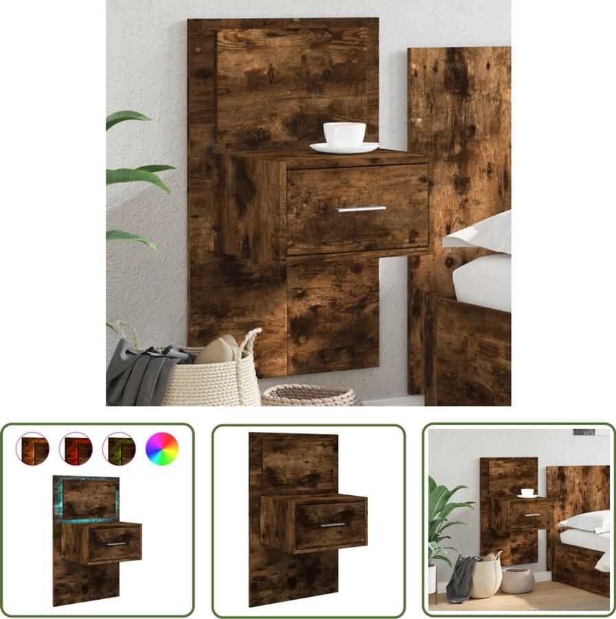 The Living Store Nachtkastje met LED's wandgemonteerd gerookt eikenkleurig Nachthastje Wandlamp Led Verlichting Slaapkamerdecoratie Houten Nachttafel