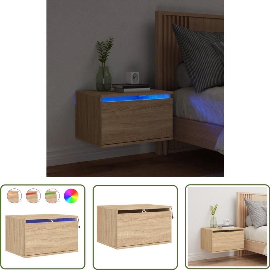 The Living Store Nachtkastje met LED's wandgemonteerd sonoma eikenkleurig Wandgemonteerd Nachtkastje Wandgemonteerde Nachtkastjes Nachtkastje Zwevend Nachtkastje