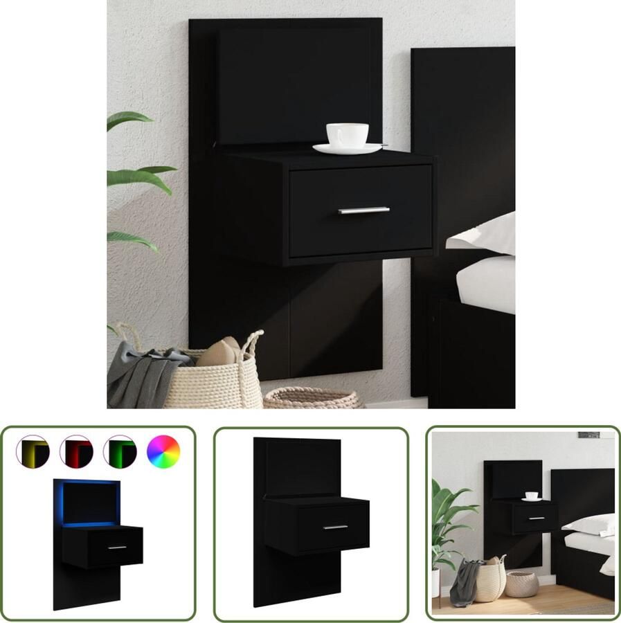 The Living Store Nachtkastje met LED's wandgemonteerd zwart Nachthastje Wandlamp Led Verlichting Slaapkamersdecoratie Houten Nachttafel