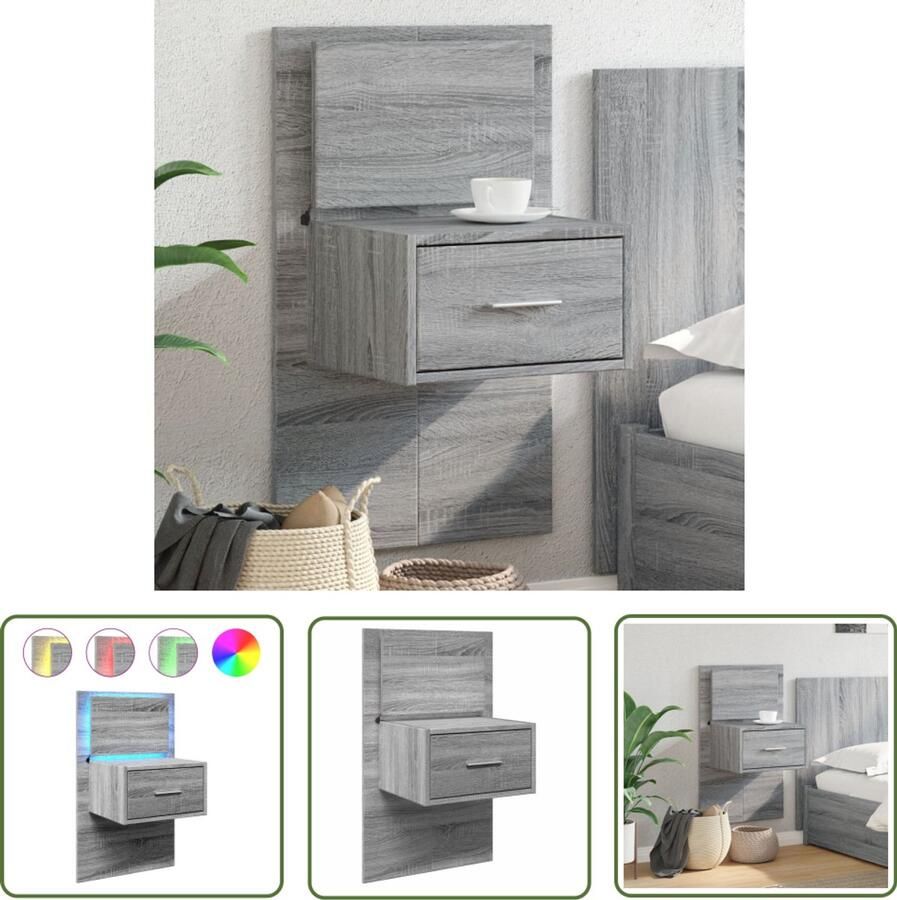 The Living Store Nachtkastje met LED's wandgemonteerd grijs sonoma eikenkleurig Nachtkast Wandlamp Led Verlichting Slaapkamerr Houten Nachttafel