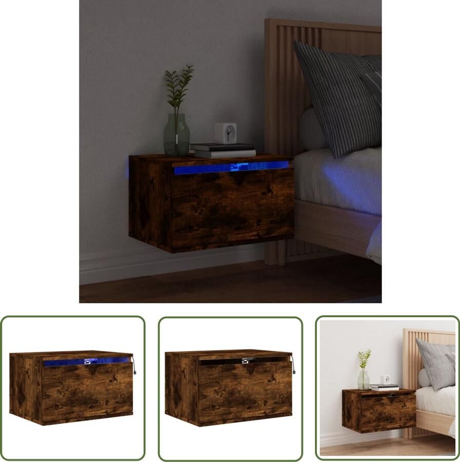 VidaXL Nachtkastje met LED's wandgemonteerd gerookt eikenkleurig Nachtkastje Wandlamp Led Lamp Houten Nachtkastje Bruine Nachtkastje