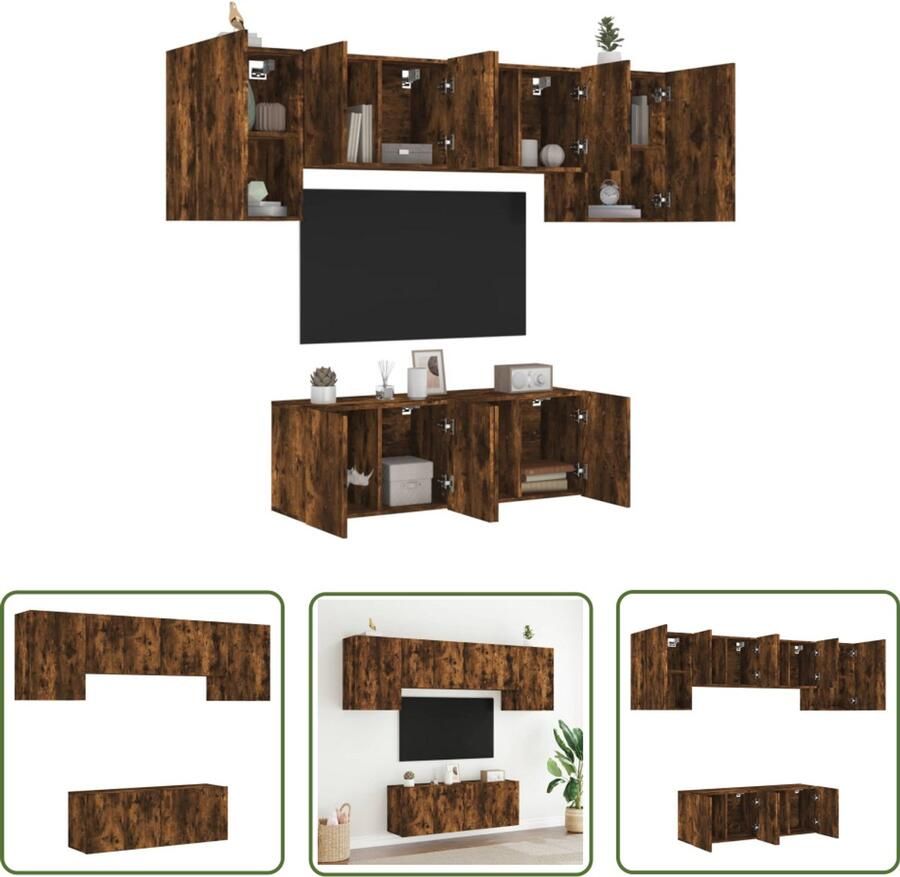 The Living Store 6-delige Tv-wandmeubelset bewerkt hout gerookt eikenkleurig Tv-wandmeubel Tv-wandmeubelen Tv-meubel Zwevend Tv Meubel
