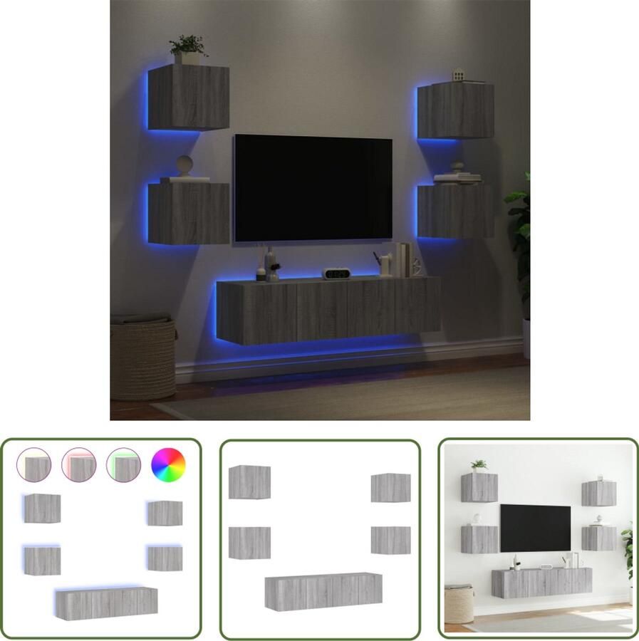 The Living Store 6-delige Tv-wandmeubelset met LED grijs sonoma eikenkleurig Tv-wandmeubel Tv-wandmeubels Tv-meubel Televisiemeubel - Foto 2