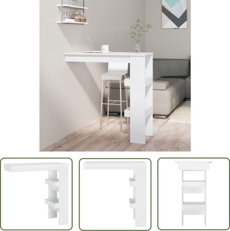 The Living Store Bartafel Wandgemonteerd Wit 102 x 45 x 103.5 cm Bewerkt hout Opbergvakken Bartafel Wandmontage Houten Bartafel Wit Bartafel Keukenbar - Foto 2