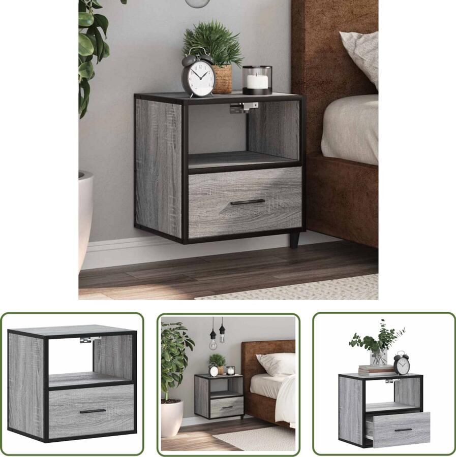 The Living Store Nachtkastje wandgemonteerd 40x31x39 5cm grijs sonoma eikenkleur Nachthastje Wandmontage Slaapkamers Opbergruimte Houten Kast