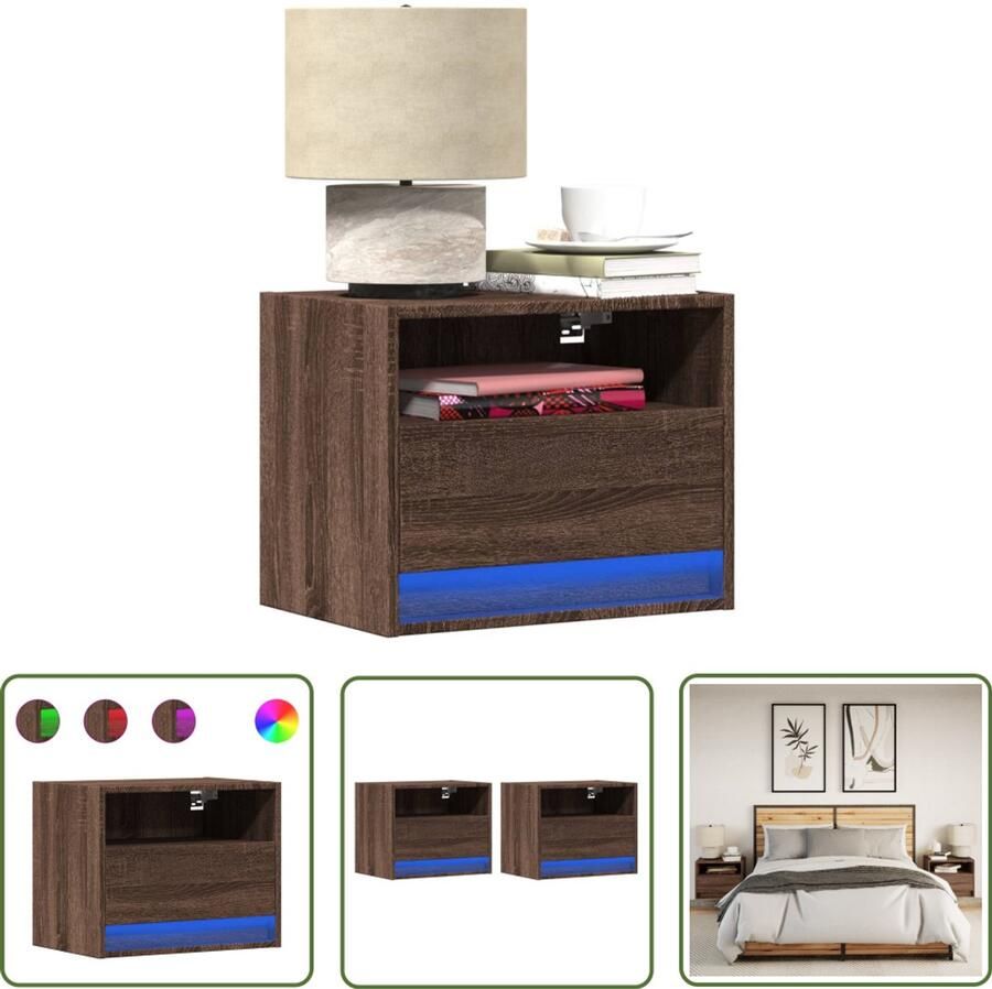 VidaXL Wandmontage Nachthastjes Nachtkastjes met LED's 2 st wandgemonteerd bruin eikenkleur Led Verlichting Bruine Eiken Kleur Opbergruimte