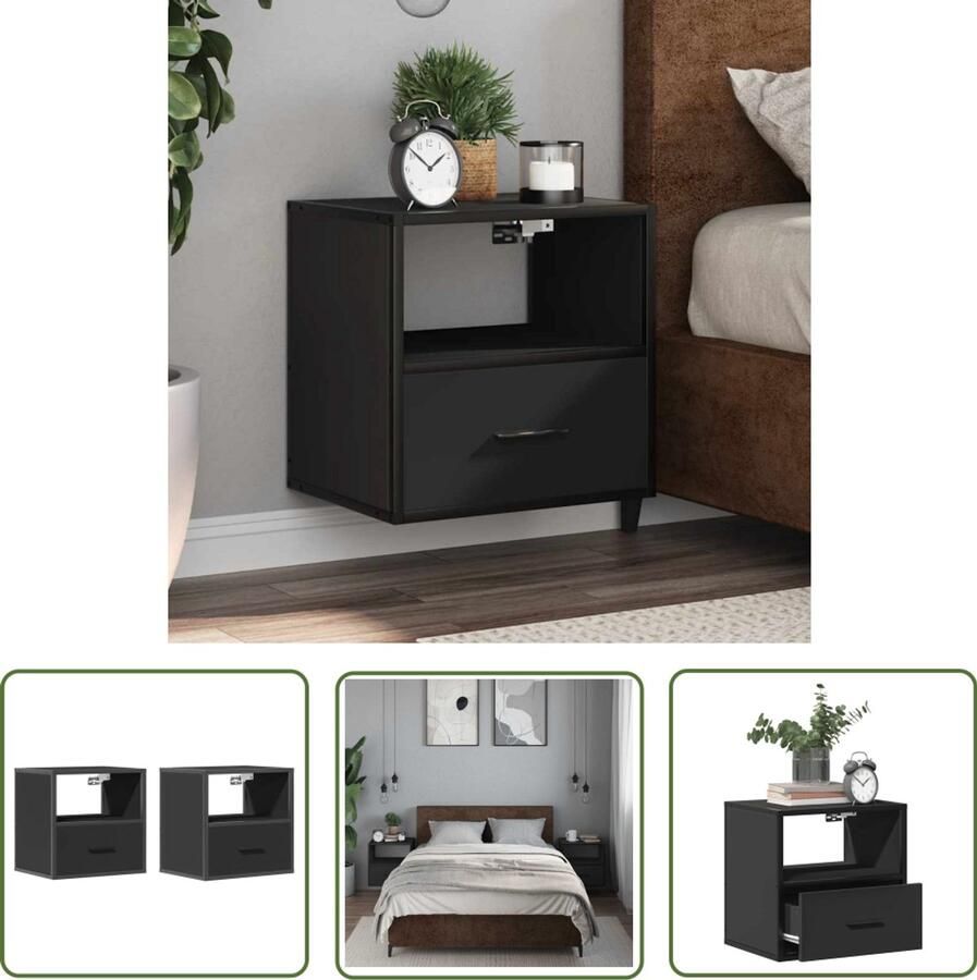 The Living Store Nachtkastjes wandgemonteerd 2 st 40x31x39 5 cm zwart Nachtkast Wandmontage Slaapkamers Kast Opbergruimte