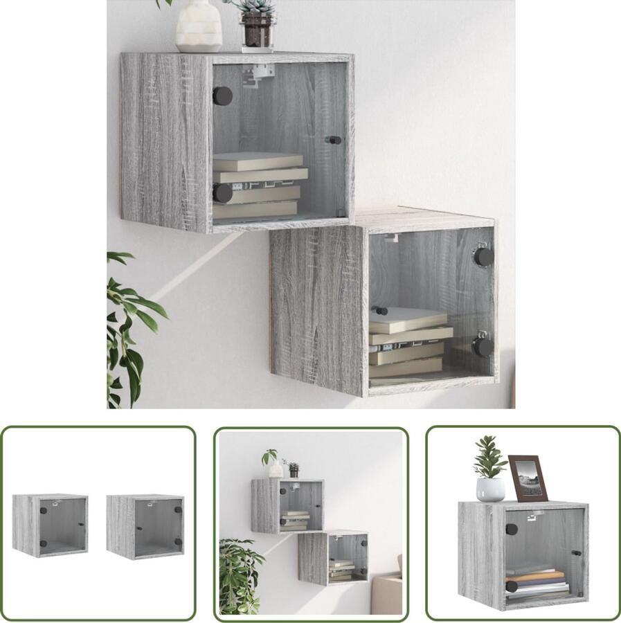 The Living Store Nachtkastjes met glazen deuren 2 st 35x37x35 cm grijs sonoma Nachtkasten Wandmontage Houten Nachtstand Grijze Nachtstand Slaapkamersdecoratie