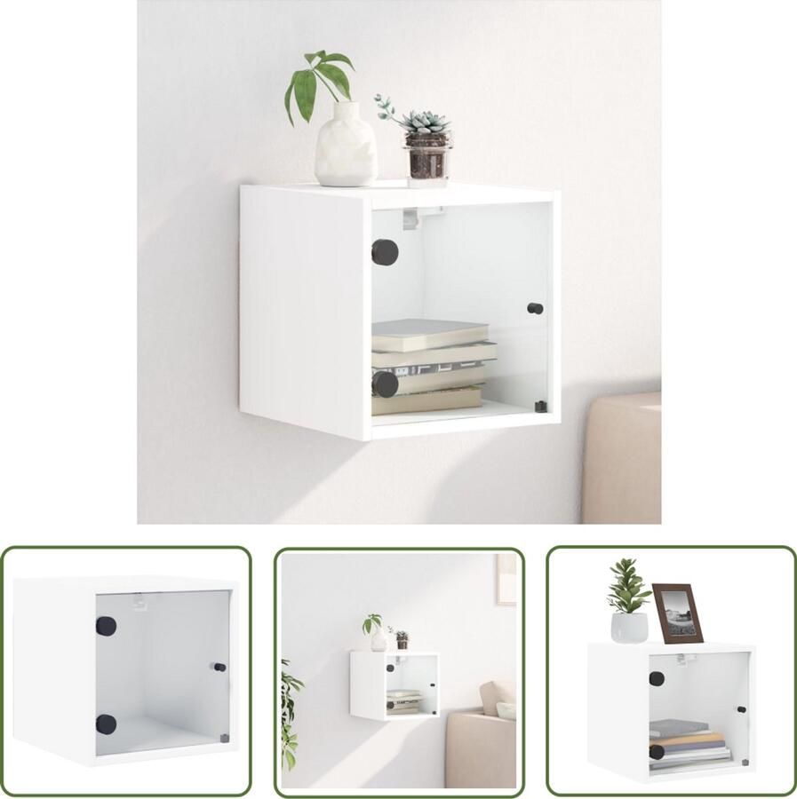 The Living Store Nachtkastje met glazen deur 35x37x35 cm wit Nachtkastje Wandmontage Houten Kast Bergruimte Slaapkamerstijl
