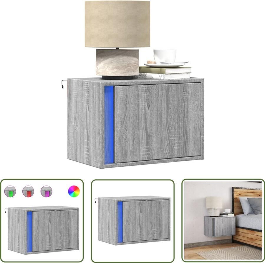 VidaXL Nachtkastje met LED's wandgemonteerd grijs sonoma eikenkleurig Nachtkastje Wandmontage Led Lampjes Slaapkamers Decoratie