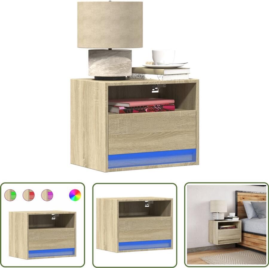 VidaXL Nachtkastje met LED's wandgemonteerd sonoma eikenkleurig Nachtkastje Wandmontage Led Verlichting Sonoma Eiken Opbergruimte