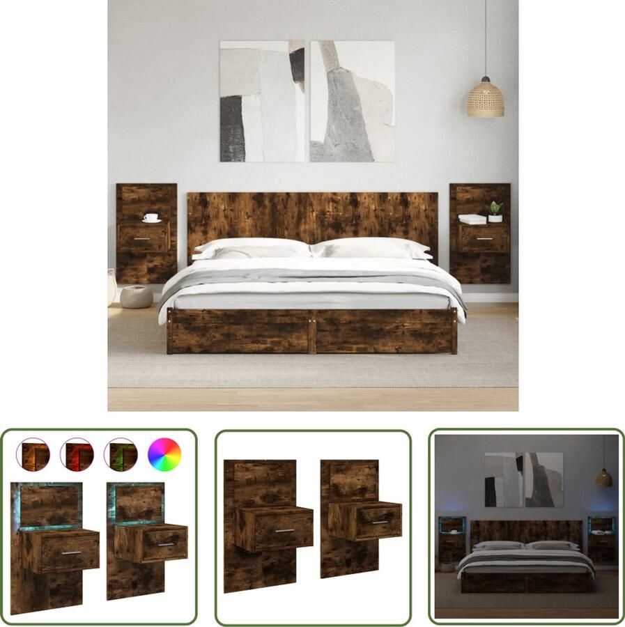 The Living Store Nachtkastjes met LED's 2 st wandgemonteerd gerookt eikenkleurig Nachtkastje Wandmontage Led Verlichting Slaapkamers Houten Meubel