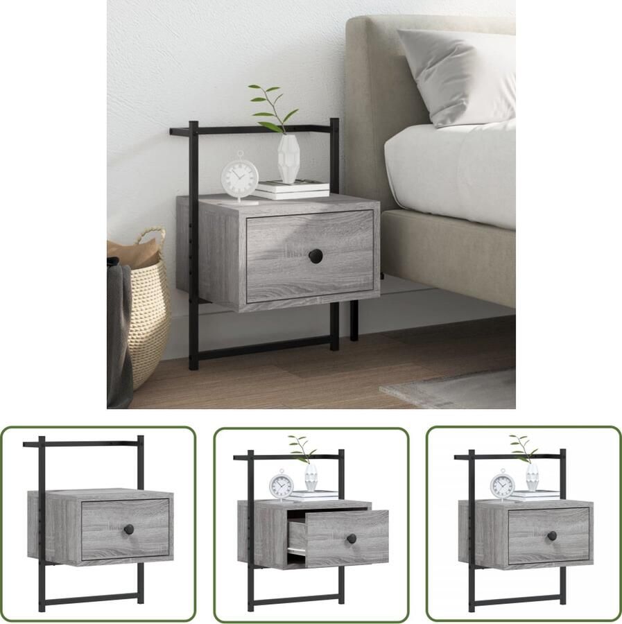 The Living Store Nachtkastje wandgemonteerd 35x30x51 cm hout grijs sonoma eiken Nachtkastje Wandmontage Grijze Meubels Slaapkamersdecoratie Slaapkamervloer