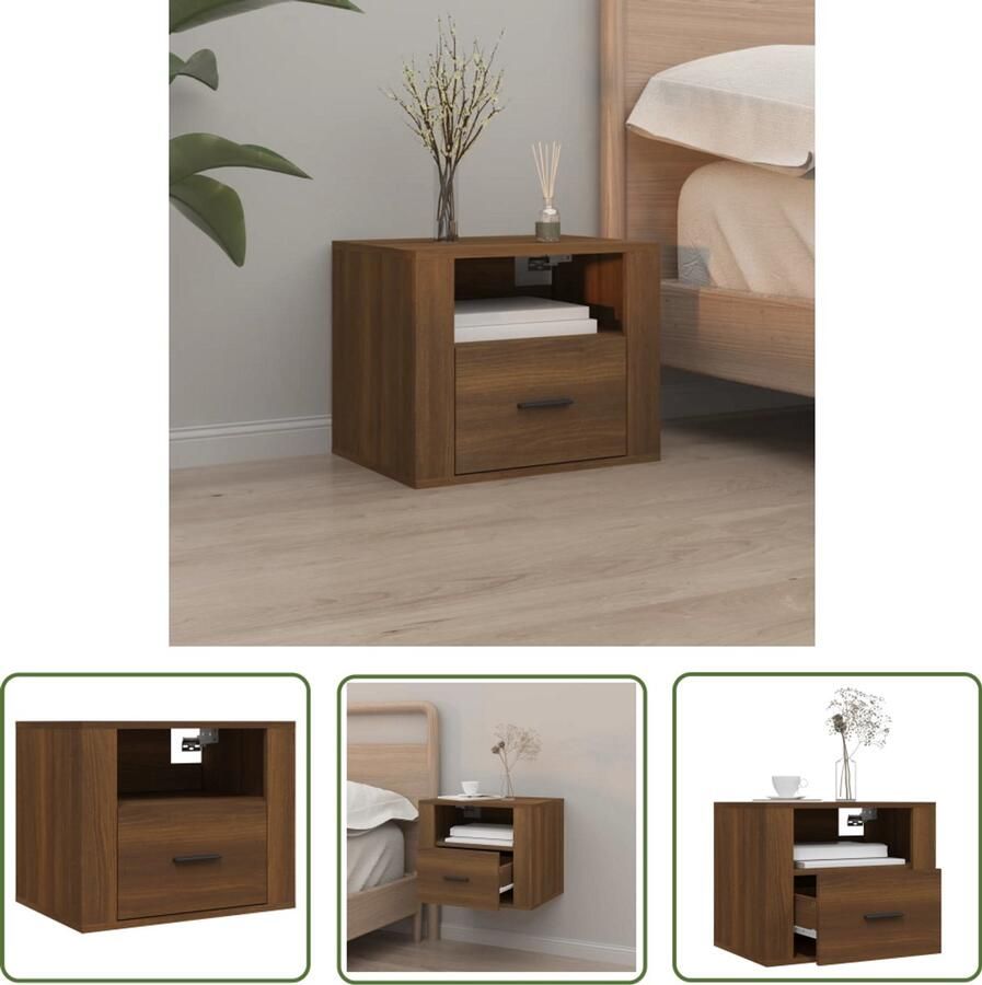 The Living Store Nachtkastje zwevend bruineiken 50x36x40cm wandgemonteerd duurzaam voldoende opbergruimte Nachtkastje Wandmontage Bruin Houten Kast Meubilair Slaapkamer - Foto 2