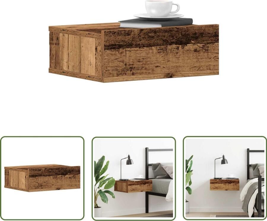 The Living Store Nachtkastje zwevend 40x32x15 cm bewerkt hout oud houtkleurig Nachtkastje Wandmontage Opbergruimte Compact Houten Kast
