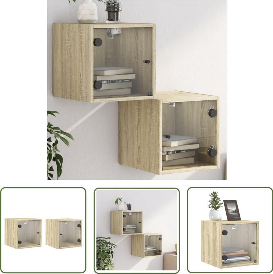 The Living Store Nachtkastjes met glazen deuren 2 st 35x37x35 cm sonoma eiken Nachtkastjes Wandmontage Sonoma Eiken Houten Meubel Bergruimte - Foto 2