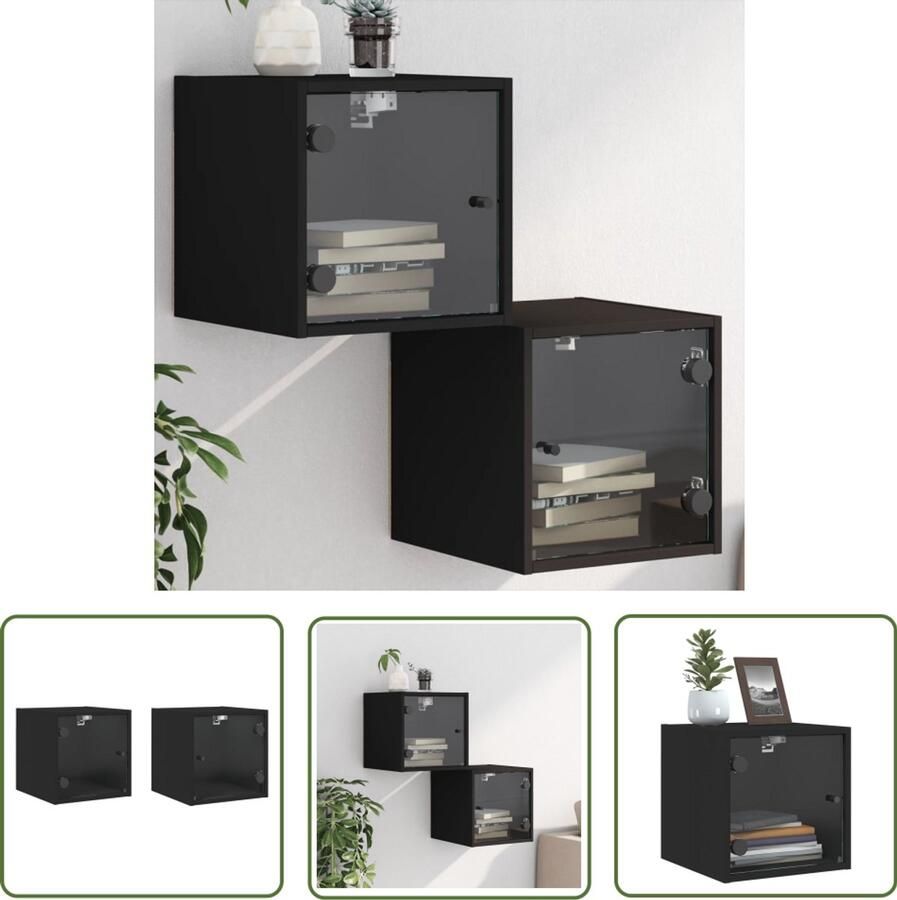 The Living Store Nachtkastjes met glazen deuren 2 st 35x37x35 cm zwart Nachtkastjes Wandmontage Houten Kast Glazen Deur Slaapkamersdecoratie - Foto 2
