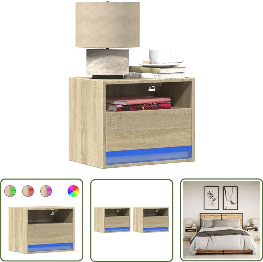 VidaXL Nachtkastjes met LED wandgemonteerd 2 st sonoma eikenkleurig Nachtkastjes Wandmontage Led Verlichting Sonoma Eiken Slaapkamers
