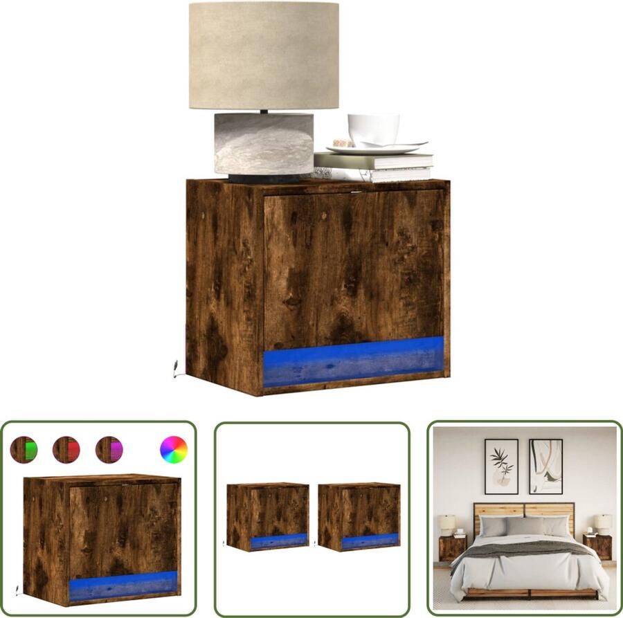 VidaXL Nachtkastjes met LED's 2 st wandgemonteerd gerookt eikenkleurig Nachtkastjes Wandmontage Led Verlichting Slaapkamers Houten Meubilair