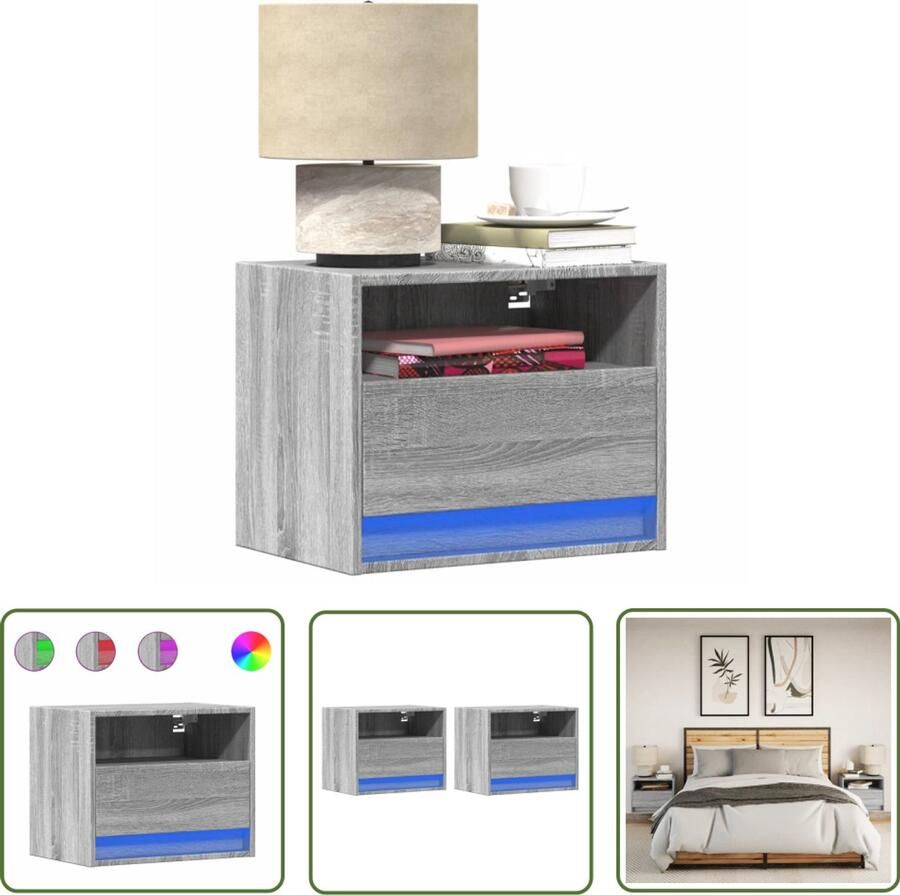 VidaXL Nachtkastjes met LED's 2 st wandgemonteerd grijs sonoma eiken Nachtkastjes Wandmontage Led Lampjes Grijze Nachtstandaard Slaapkamersdecoratie