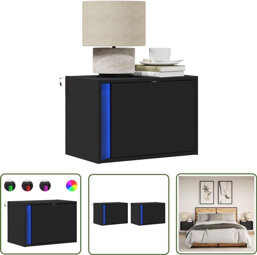 VidaXL Nachtkastjes met LED's 2 st wandgemonteerd zwart Nachtkastjes Wandmontage Led Verlichting Slaapkamers Decoratie