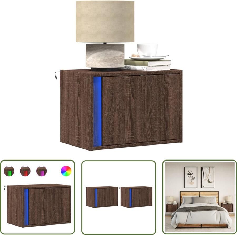 VidaXL Wandmontage Nachttasjes Nachtkastjes met LED's 2 st wandgemonteerd bruin eikenkleur Led Verlichting Bruin Eiken Slaapkamers