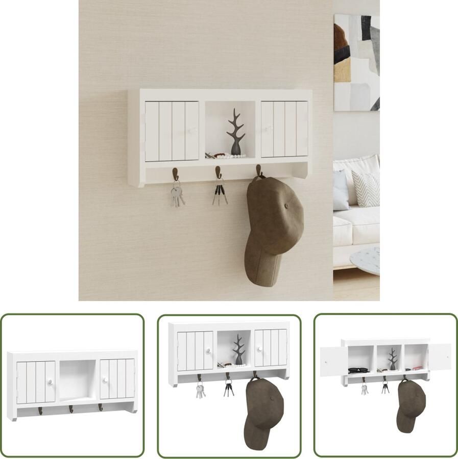 The Living Store Sleutelkastje Wandgemonteerd Wit 40x8.5x20 cm Met 3 haken en 2 deuren Sleutelkast Wandmontage Houten Kast Opbergvak Decoratief - Foto 2