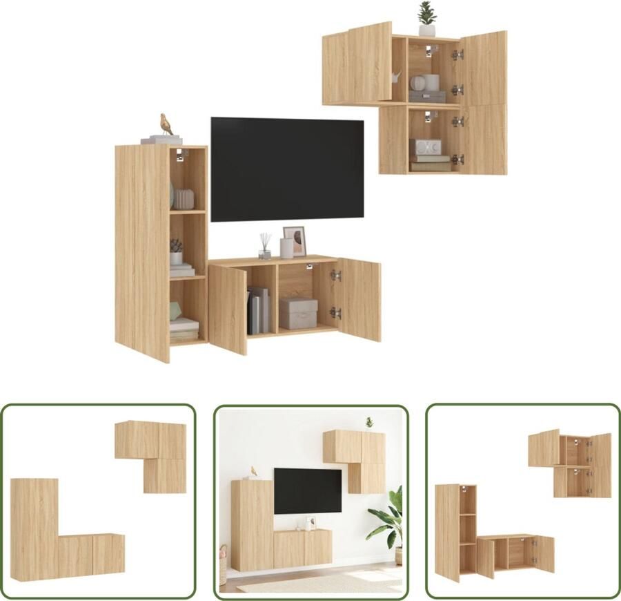 VidaXL Wandmontage Tv-kast 4-delige Tv-wandmeubelset bewerkt hout sonoma eikenkleurig Houten Kast Sonoma Eiken Opbergruimte