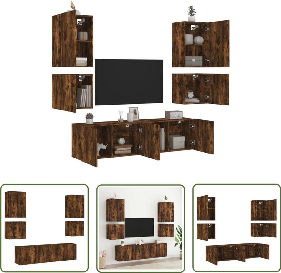 The Living Store 6-delige Tv-wandmeubelset bewerkt hout gerookt eikenkleurig Tv-wandmeubel Tv-wandmeubelen Tv-meubel Zwevend Tv Meubel