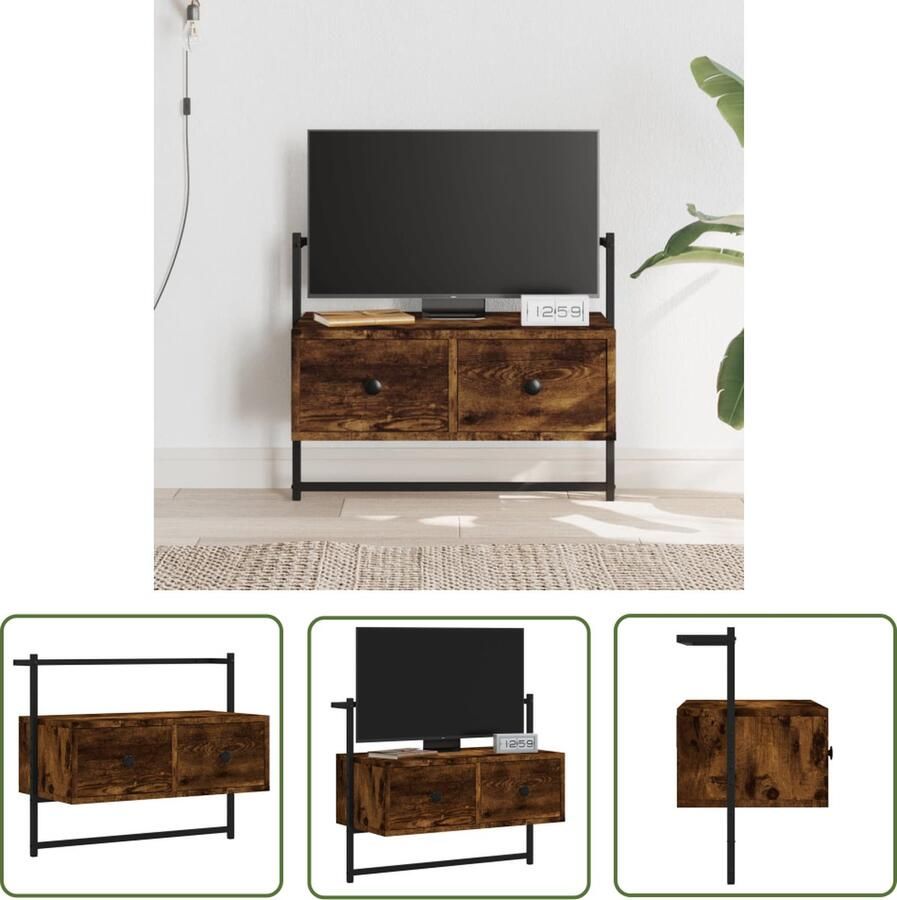 The Living Store TV Wandmeubel gerookt eiken 60.5 x 30 x 51 cm bewerkt hout en metaal TV Kast Wandmontage Houten TV Kast Tv Meubilair Living Room Furniture